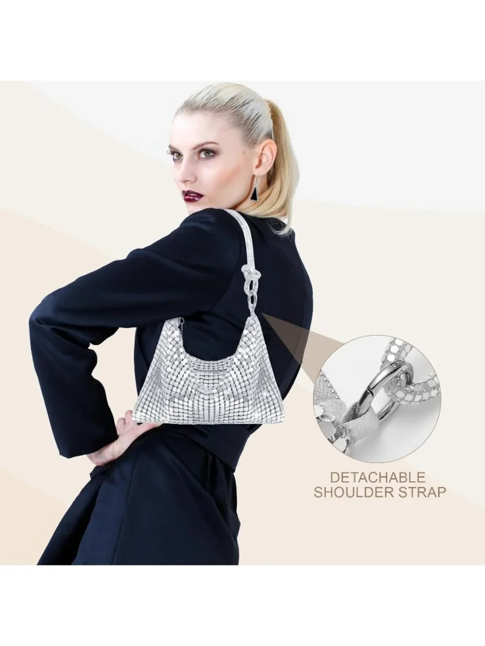 Women's Silver Rhinestone Evening Sparkly Crystal Slouchy Shoulder Clutch Purse